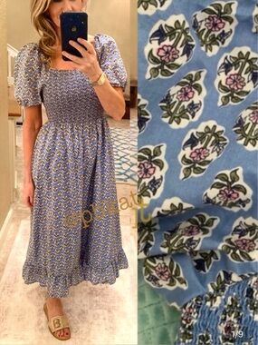 J. Crew Blue Floral Smocked Puff Sleeve Dress